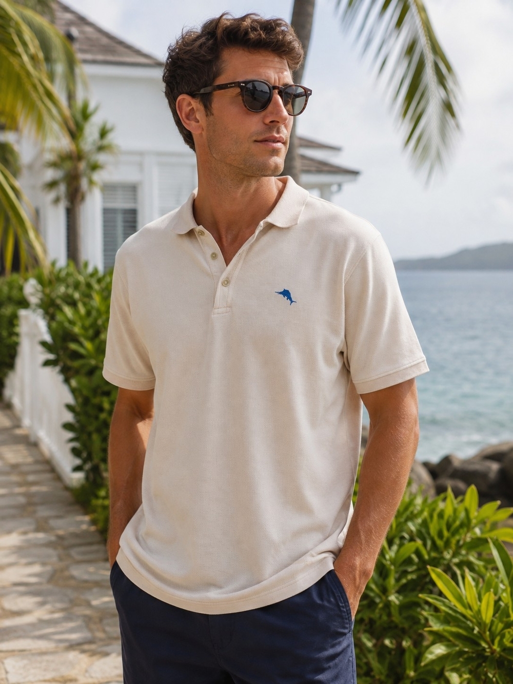 Tommy Bahama Cream Polo with Blue Dolphin Logo